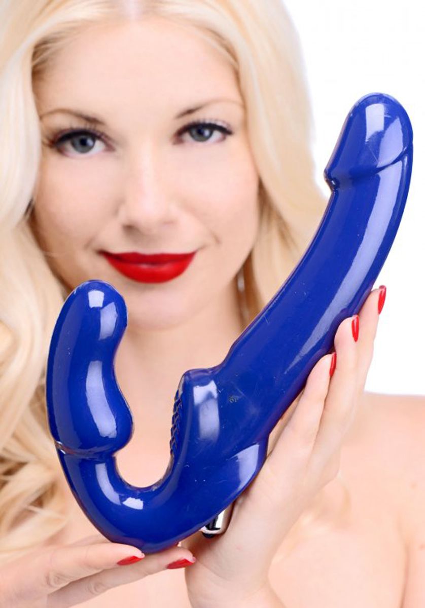 Vibrierender halterloser Strap-on Revolver – Blau oder Rosa XXL
